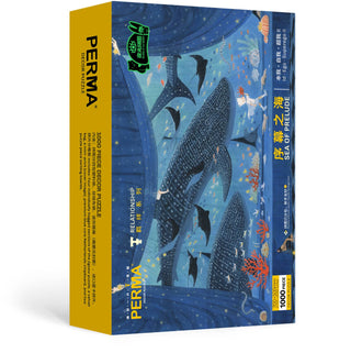 PERMA Puzzle’s Sea of Prelude | 1000 Piece Jigsaw Puzzle features whales, dolphins, and fish underwater in yellow and blue packaging, crafted from premium Dutch chipboard for lasting durability and enjoyment.