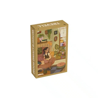 Trevell Witch’s Living Room 99 Piece Jigsaw Puzzle box showing an illustration of a person sitting on a sofa with a cat in a room filled with plants and books.