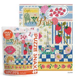 The WerkShoppe Paris Cafe | 100 Piece Jigsaw Puzzle features vibrant imagery of a Paris cafe, strawberries, flowers, and the Eiffel Tower—ideal for kids to enjoy hours of creative play.