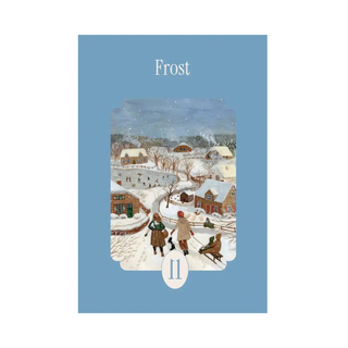 Experience the charm of winter with la pauz’s “Frost | 99 Piece Jigsaw Puzzle,” featuring an illustration of a snowy village scene with people outdoors, leafless trees, and cozy houses beneath the word “Frost” and the number 11 on a blue background—a delightful mini puzzle for any winter enthusiast.