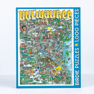 The Milwaukee | 1,000 Piece Jigsaw Puzzle from Birdie Puzzles features a detailed illustrated city map with landmarks and local scenes—a perfect Milwaukee gift.