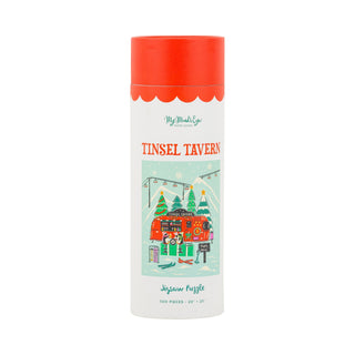 The Tinsel Tavern | 500 Piece Jigsaw Puzzle by My Mind’s Eye comes in a cylindrical container with a red lid decorated with festive holiday-themed illustrations, and is made from sturdy chipboard for hours of seasonal fun.