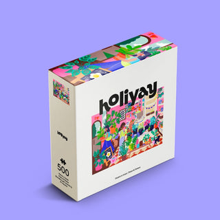 The Plantes et Fleurs 500-piece jigsaw puzzle from Holiyay Puzzles features colorful abstract art of a lively indoor scene with plants and objects on a purple background, all with a premium matte finish.