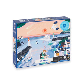 Heol Editions' "Le Palais | 500 Piece Jigsaw Puzzle" comes in a rectangular box and features Eva Gallen’s illustrated coastal town scene with boats, lighthouses, seagulls, and people by the sea.