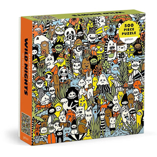 From Galison, the Barbtropolois Wild Nights 500 Piece Jigsaw Puzzle showcases a vibrant collage of whimsical animals and characters in a lively jungle scene—an imaginative rainforest puzzle that brings colorful art to life.