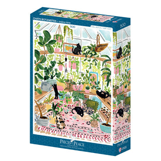 The Chats Botanistes 500-piece jigsaw puzzle by Pieces & Peace, made in France, showcases Sabina Fenn's delightful sunroom scene with lush plants, patterned rugs, and playful black cats.