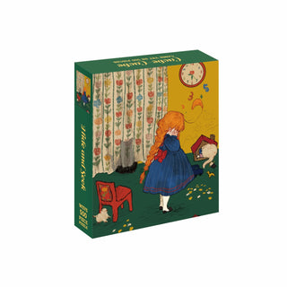 Experience the velvet-like soft touch of WEVE’s Hide and Seek | 500 Piece Jigsaw Puzzle, crafted with premium blue board. This captivating puzzle features an illustration of a girl in a blue dress covering her face, standing by a red chair and floral curtains, against a yellow wall adorned with both a clock and cuckoo clock.