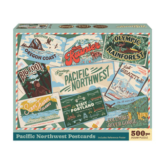 The box for a Pacific Northwest Postcards | 500 Piece Jigsaw Puzzle, featuring a collage of vintage-style travel postcards.