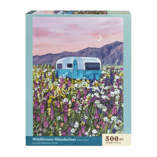 Experience the Whimsigo “Wildflower Wanderlust” 500-piece jigsaw puzzle, featuring a charming illustration of a vintage blue camper set in a vibrant wildflower field with mountains and a pink sky—perfect for nature lovers and puzzle enthusiasts alike.