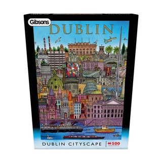 Gibsons Games Dublin Cityscape | 500 Piece Jigsaw Puzzle features vibrant artwork by John Rooney, depicting a colorful illustrated cityscape with iconic Dublin landmarks and buildings.