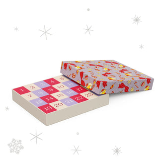 The Cloudberries Deck the Halls Jigsaw Puzzle Advent Calendar features a rectangular box with a festive, patterned lid and a vibrant numbered grid inside. The 1,000 piece jigsaw puzzle advent calendar is displayed on a white background adorned with star and snowflake illustrations.