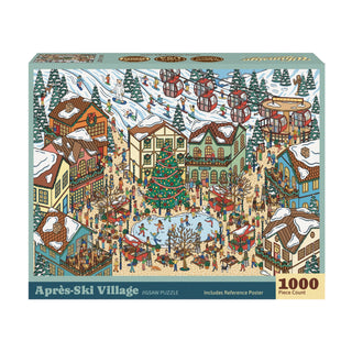 Whimsigo Après-Ski Village 1,000-piece puzzle box featuring an illustrated snowy village with a skating rink, decorated Christmas tree, ski slopes, and a gondola lift.