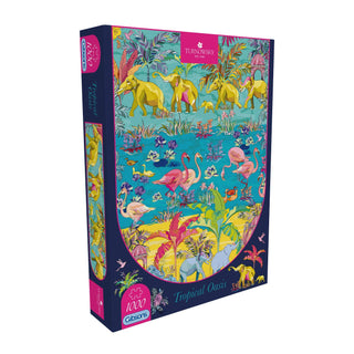 The House of Turnowsky: Tropical Oasis 1,000 Piece Jigsaw Puzzle by Gibsons Games features vibrant illustrations of flamingos, elephants, and lush tropical plants—a colorful addition to any nature puzzle collection.
