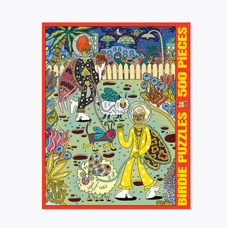 Colorful illustration of two skeleton astronauts in a surreal garden with chickens and plants, bordered by Planet Moth | 500 Piece Jigsaw Puzzle text in red and yellow on the right and bottom edges. This vibrant puzzle from Birdie Puzzles contains 500 pieces, is crafted from premium Blue Kappa chipboard, and is proudly made in the USA.