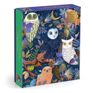 The Owls At Dawn 1,000 Piece Jigsaw Puzzle by Galison showcases an enchanting illustration by Mara Penny, depicting four vibrant owls surrounded by leaves, branches, and acorns on a deep blue background—an ideal choice for any puzzle enthusiast who loves owls.