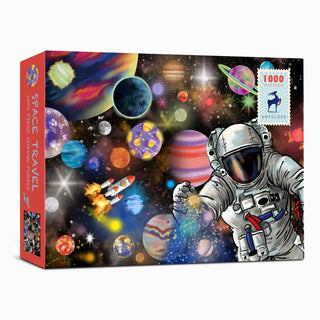 The Antelope Puzzle Space Travel 1,000 Piece Jigsaw Puzzle box features vibrant artwork of an astronaut, rocket, and planets—ideal for puzzle lovers.