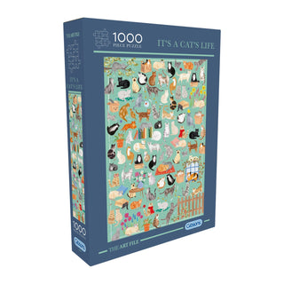 The Art File: It's A Cat's Life 1,000 Piece Jigsaw Puzzle by Gibsons Games features illustrated cats in various poses on a turquoise background, made from recycled cardboard for eco-friendly fun.