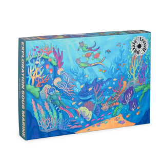 Dive into the Underwater Exploration | 500 Piece Jigsaw Puzzle by Trevell, featuring a vibrant illustrated puzzle box with an underwater scene of divers, coral reefs, and diverse aquatic life. Labeled "Exploration Sous Marine," this puzzle is perfect for ocean enthusiasts of all ages.