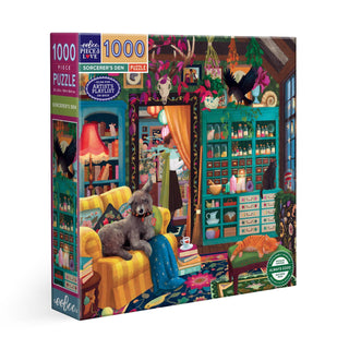 The Sorcerer's Den | 1,000 Piece Jigsaw Puzzle by eeBoo features a vibrant room with shelves of jars, a yellow sofa with a dog, a crow, and mystical decor. Illustrated by Jennifer Potter.