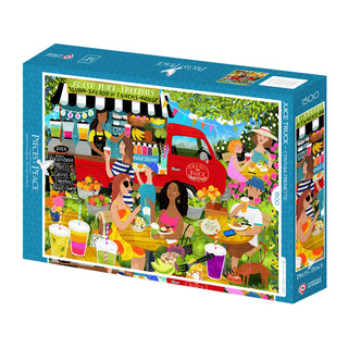 The Juice Truck | 1,500 Piece Jigsaw Puzzle by Pieces & Peace features Cynthia Frenette’s vibrant illustration of people enjoying snacks and drinks at an outdoor juice truck. Made in France.