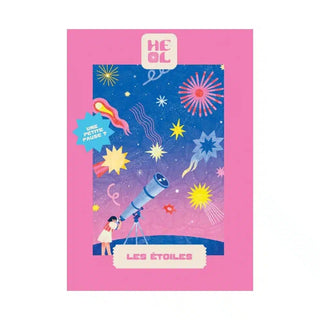 A person gazes through a telescope at vibrant stars and fireworks, framed by a pink border with "Les Étoiles" text. This enchanting scene appears on Heol Editions' Les Étoiles | 99 Piece Jigsaw Puzzle, made in France.