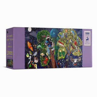 The rectangular box of the Antelope Puzzle Mid Summer Night Dream 1,000 Piece Jigsaw Puzzle shows colorful birds in starry trees; it features a purple border and a postage stamp graphic on the right.