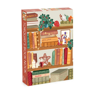 Olleo Puzzles’ Torquay's Book Nook | 500 Piece Jigsaw Puzzle showcases a cozy illustrated bookshelf with books, plants, ornaments, and festive decor—a delightful choice for British library puzzle fans.