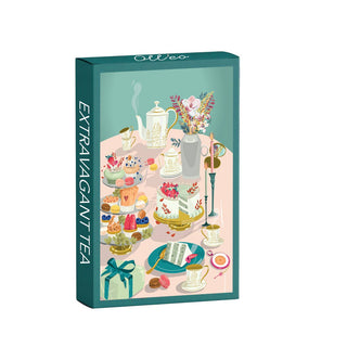 Olleo Puzzles’ "Extravagant Tea | 99 Piece Jigsaw Puzzle" depicts a table adorned with a tea set, pastries, cakes, flowers, and gifts—evoking the charm of British elegance and the splendor of a royal tea party.