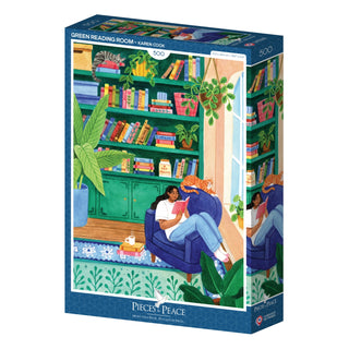 The Green Reading Corner 500-piece jigsaw puzzle by Pieces & Peace features Karen Cook's cozy room illustration with a woman reading among green bookshelves, plants, and a cat. Made in France.