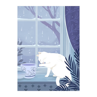 A white cat grooms itself on a windowsill as rain falls outside in Trevell’s Raindrops 99 Piece Jigsaw Puzzle, complete with a potted plant and curtain for extra cozy charm.