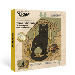 The PERMA Puzzle “You Are Full Of Magic” is a 321-piece jigsaw puzzle made from Dutch blue-core chipboard, featuring a mystical black cat, tarot cards, crystal ball, and the text You Are Full of Magic on an enchanting background.