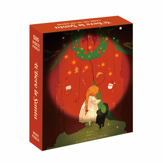 The WEVE Where Is Santa | 500 Piece Jigsaw Puzzle features a girl in a white dress and a cat under festive décor, crafted from premium blue board for lasting quality.