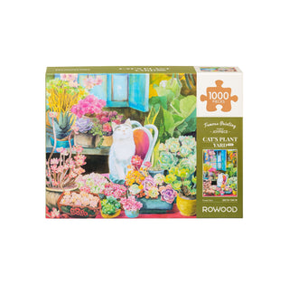 Cat's Plant Yard by Robotime is a 1,000-piece jigsaw puzzle featuring a vibrant white cat among potted plants and flowers—perfect for adults who enjoy charming, colorful designs.