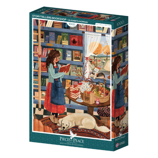 Enjoy the warmth and charm of the perfect literary escape with the Storytellers Bookshop | 1,000 Piece Jigsaw Puzzle by Pieces & Peace. Illustrated by Elisabeth Dorrian and made in France, this delightful puzzle features an inviting scene of a woman reading in a cozy bookshop, surrounded by shelves of books, a cat perched on a table, and a dog resting on the floor.