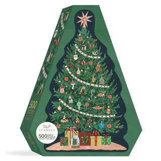 The 1canoe2 Christmas Tree | 500 Piece Shaped Jigsaw Puzzle features ornaments, a star topper, and gifts underneath.