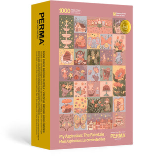 The PERMA Puzzle "My Aspiration: The Fairytale" is a 1000-piece jigsaw featuring a grid of whimsical fairytale-themed illustrations in warm colors, finished with exquisite gold foil detailing.