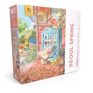 Arcadia Puzzles’ “Seoul Spring” is a 1,000-piece jigsaw puzzle (70x50 cm) featuring animals by a vending machine in an illustrated street scene. Includes sustainable packaging and a missing piece guarantee.
