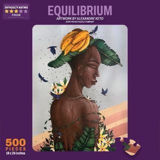 Dope Pieces' Equilibrium is a 500-piece jigsaw puzzle (24"x28") featuring Alexandre Keto’s art of a serene woman with closed eyes, green leaves, bananas, flowers, and birds. Packaged in a purple box labeled “EQUILIBRIUM.”.