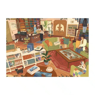 Illustration of a cozy living room with people, cats, bookshelves, green sofas, and a coffee table displaying the Trevell Puzzle Boutique | 1,000 Piece Jigsaw Puzzle in progress.