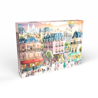 Experience the charm of Paris piece by piece with Penny Puzzle’s “Home of Fashion” 2,000 Piece Jigsaw Puzzle, showcasing an illustrated Parisian street brimming with vibrant buildings, couture-clad figures, lovely trees, lively boutiques, and a playful hot air balloon floating overhead.