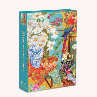 Experience the Courtyard Haven | 500 Piece Jigsaw Puzzle by The Puzzle Theory—a vibrant jigsaw featuring a parrot, white flowers, ornate vases, and fruit set on a patterned tablecloth. Made from premium recycled materials, it’s an eco-friendly choice for puzzlers who appreciate both beauty and challenge.