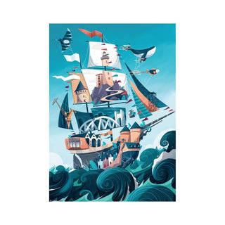 Set Sail is a 500 piece jigsaw puzzle by Trevell, featuring a vibrant illustration of a large ship formed from buildings and bridges sailing on stylized waves under a blue sky—ideal for puzzle enthusiasts.