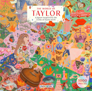 A vibrant jigsaw puzzle by Laurence King Publishing, The World of Taylor | 1,000 Piece Jigsaw Puzzle features Taylor Swift-themed art—musical motifs, animals, flowers, crowns—making it an ideal unofficial gift for any fan.