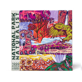 The Parks Project National Park Naturalist 1,000 Piece Jigsaw Puzzle features vibrant illustrations of wildlife, flowers, and landscapes from national parks.