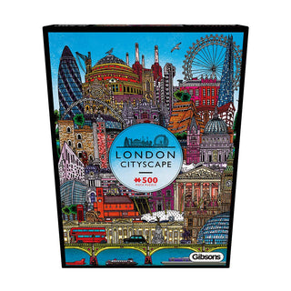Gibsons Games London Cityscape 500 Piece Jigsaw Puzzle features vibrant artwork of iconic landmarks like the London Eye, red buses, and city buildings by John Rooney.