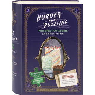 The Murder Most Puzzling: Poisoned Patisserie 500-piece jigsaw puzzle from Chronicle Books features a cake and confidential file on its book-shaped box—perfect brainteasing fun for mystery lovers.