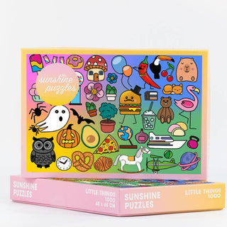 The Little Things | 1,000 Piece Jigsaw Puzzle by Sunshine Puzzles features vibrant, cartoon-style illustrations of assorted objects and animals. This lively and engaging puzzle is made from recycled waste paper, offering a fun and eco-friendly activity.