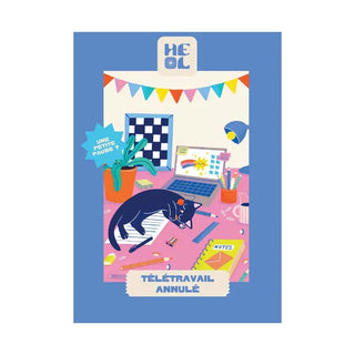 Télétravail Annulé | 99 Piece Jigsaw Puzzle by Heol Editions features a home office, black cat, and fun details—ideal for fans of unique mini puzzles made in France.