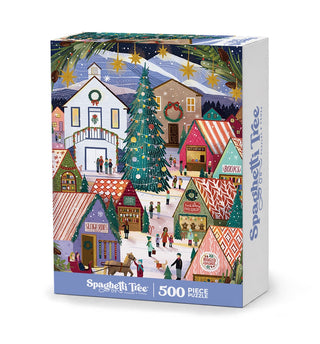 A Spaghetti Tree Christmas Market 500 Piece Jigsaw Puzzle showing a snowy holiday scene with stalls, shoppers, a horse-drawn carriage, and a large central tree under a starry sky.