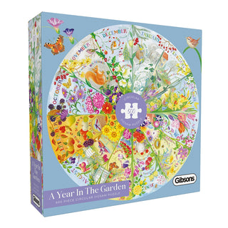 Box of a 500-piece circular jigsaw puzzle called “A Year in the Garden” by Gibsons Games, featuring vibrant illustrations for each month.